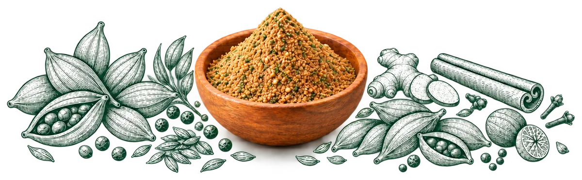 Cardamom Tea Masala in a wooden bowl, with its ingredients drawn around it