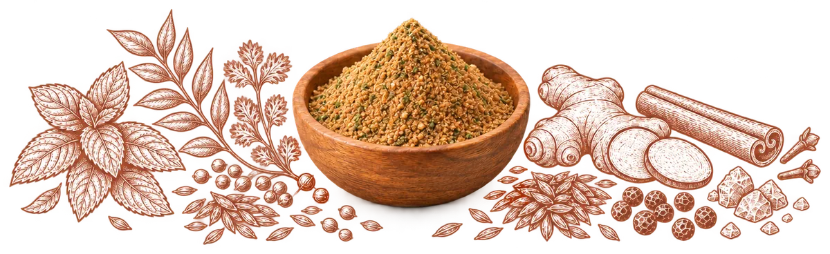 Chaas Masala in a wooden bowl, with its ingredients drawn around it
