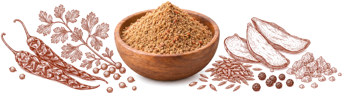 Chaat Masala in a wooden bowl, with its ingredients drawn around it
