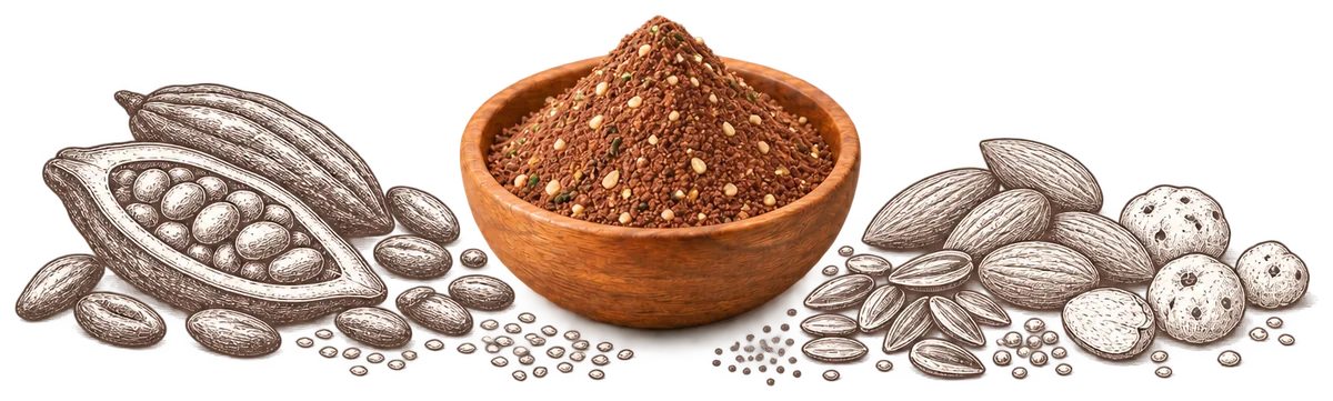 Cocoa Nuts & Seeds Mix in a wooden bowl, with its ingredients drawn around it