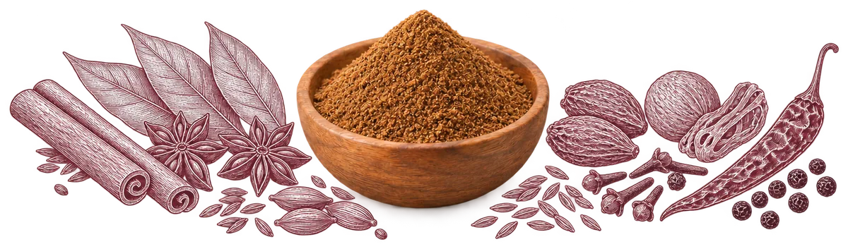 Garam Masala in a wooden bowl, with its ingredients drawn around it