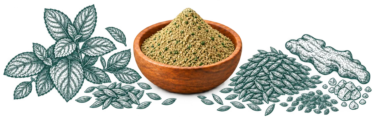 Pudina Jeera Mix in a wooden bowl, with its ingredients drawn around it